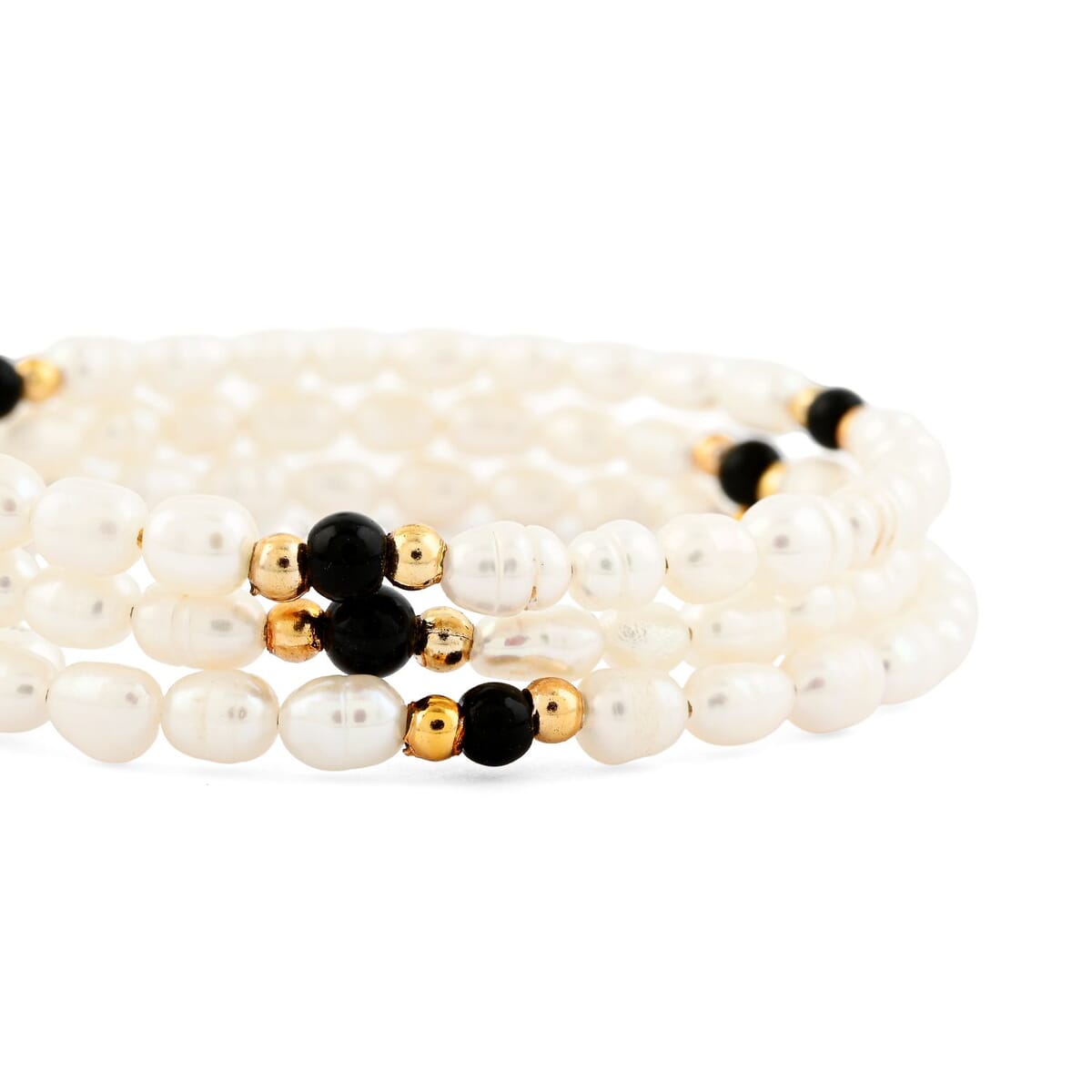 White Freshwater Pearls with Black Onyx 7.00 ctw Beads Memory Wire Bracelet (7 In) image number 2