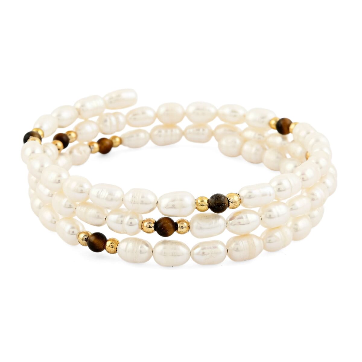 White Freshwater Pearls with Tigers Eye 7.00 ctw Beads Memory Wire Bracelet (7 In) image number 0