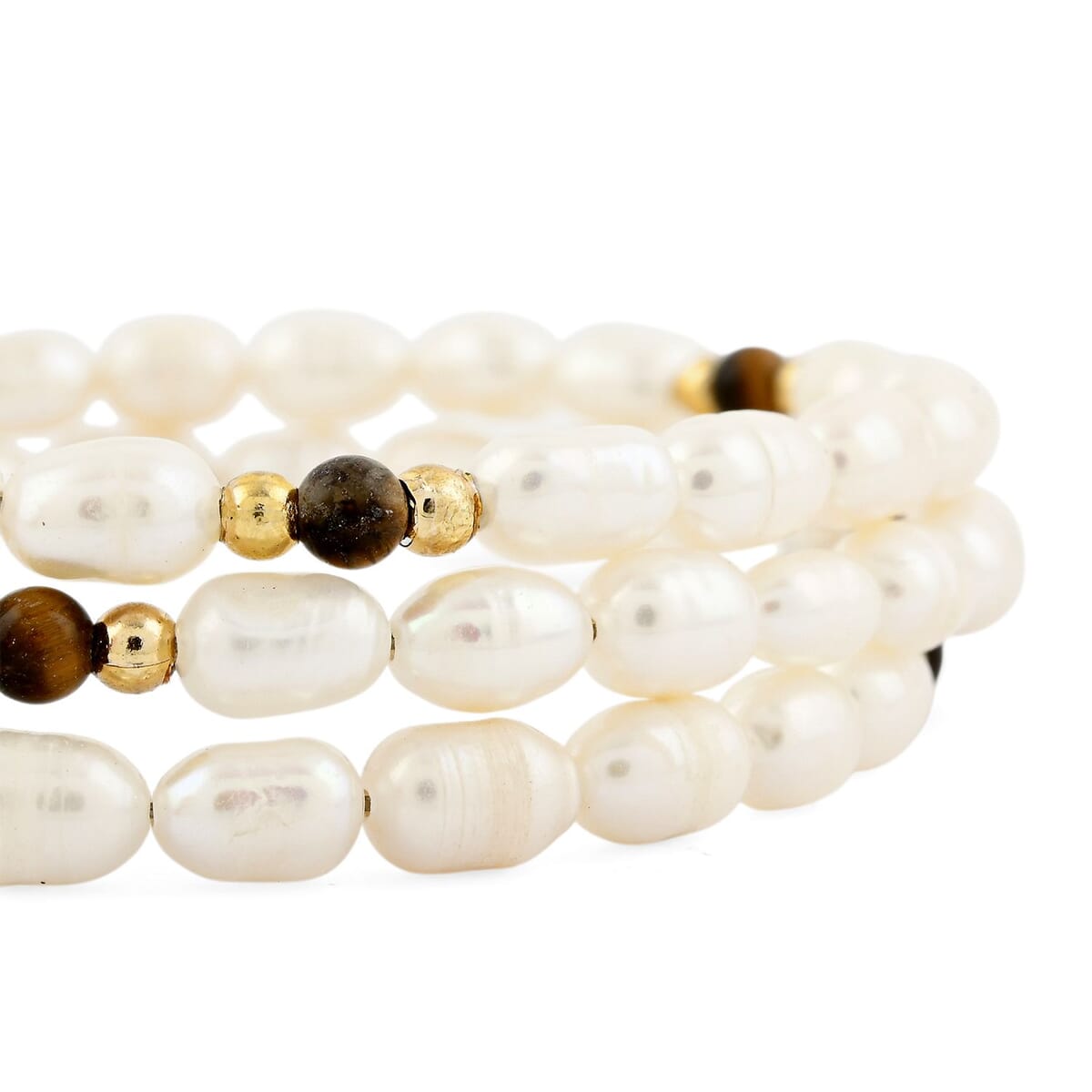 White Freshwater Pearls with Tigers Eye 7.00 ctw Beads Memory Wire Bracelet (7 In) image number 2