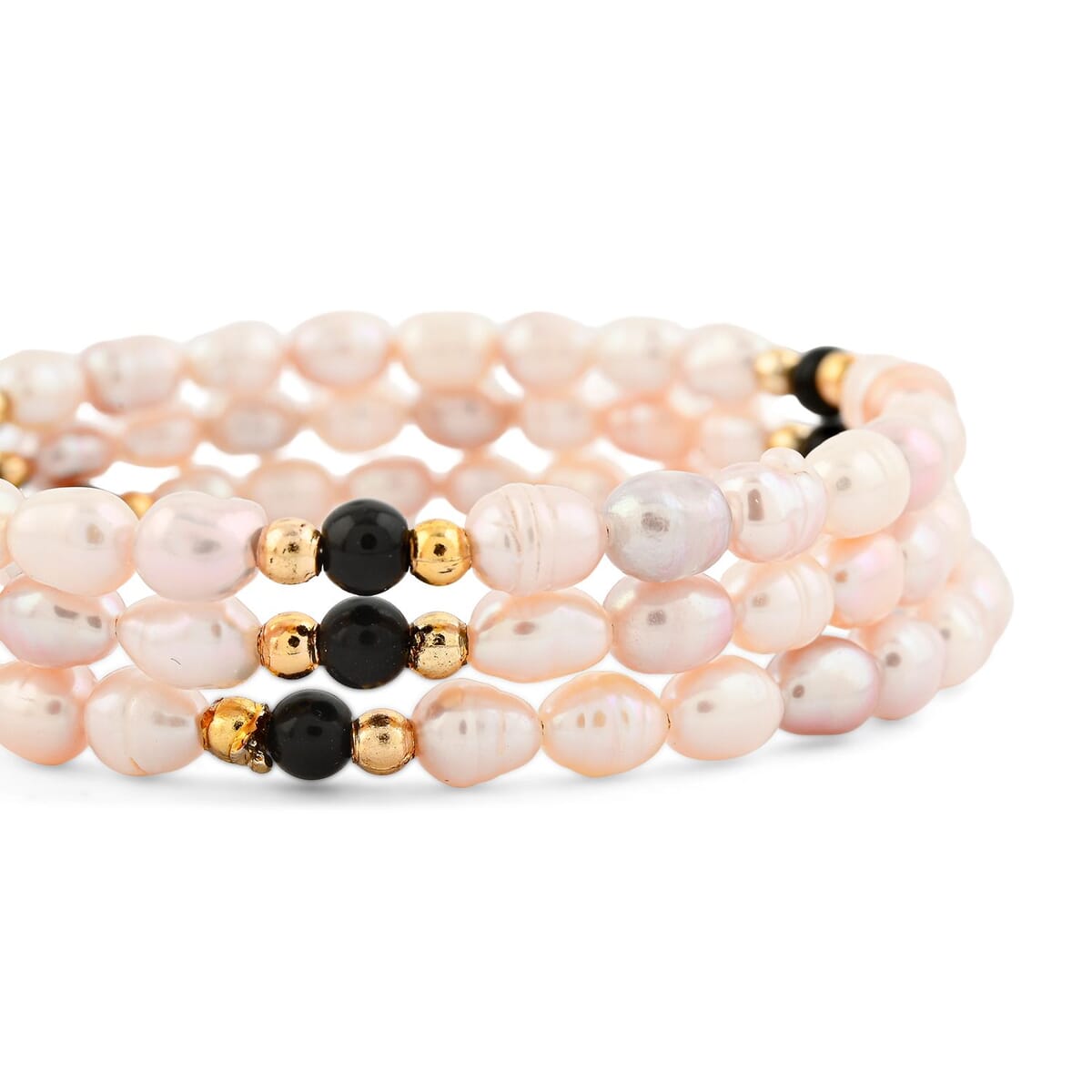 Pink Freshwater Pearls with Black Onyx 7.00 ctw Beads Memory Wire Bracelet (7 In) image number 2