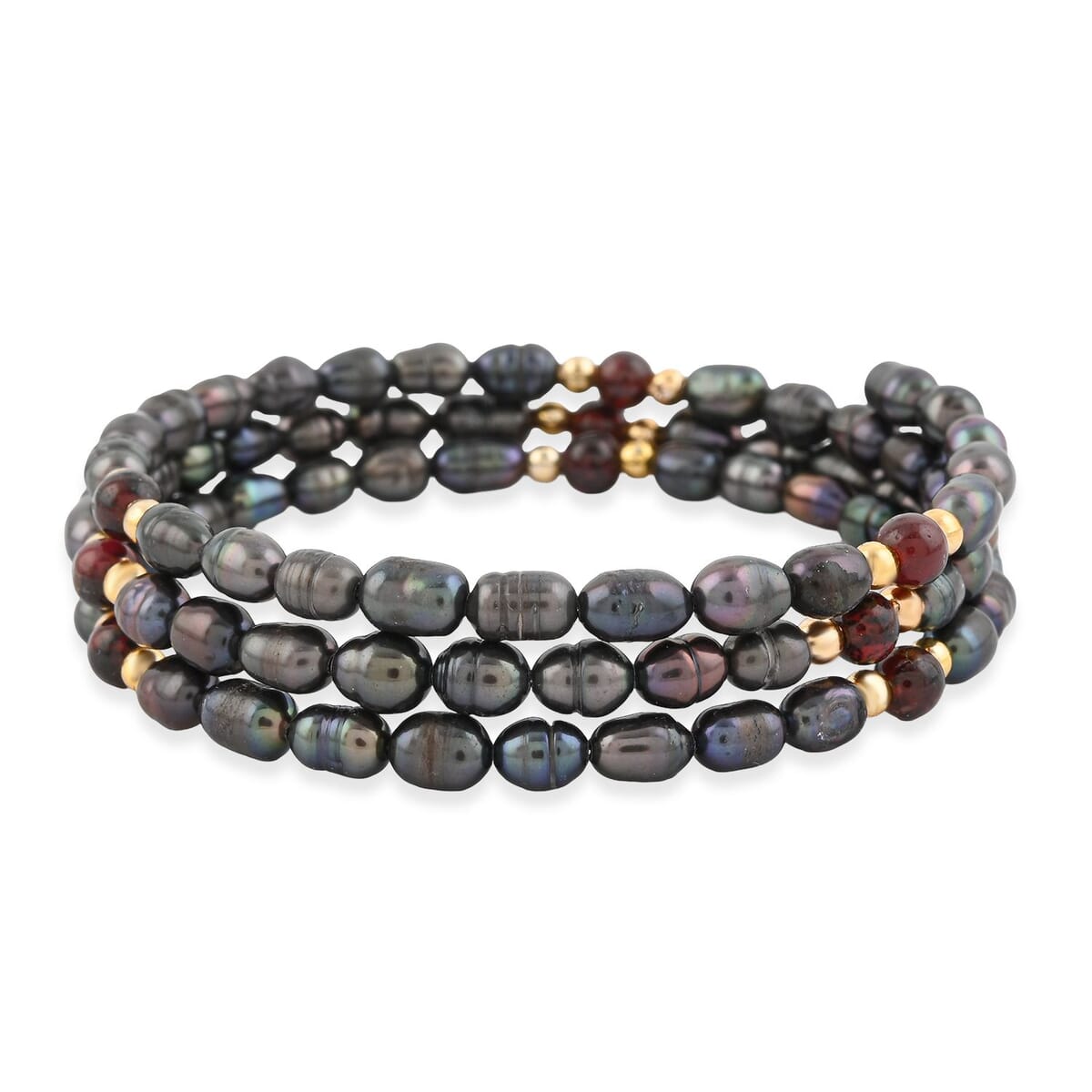 Black Freshwater Pearls with Garnet 7.00 ctw Beads Memory Wire Bracelet (7 In) image number 0
