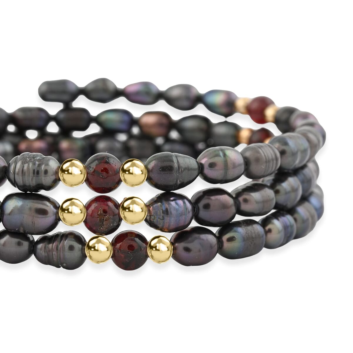 Black Freshwater Pearls with Garnet 7.00 ctw Beads Memory Wire Bracelet (7 In) image number 2