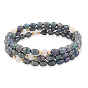 Black Freshwater Pearls with Rose Quartz 7.00 ctw Beads Memory Wire Bracelet (7 In)