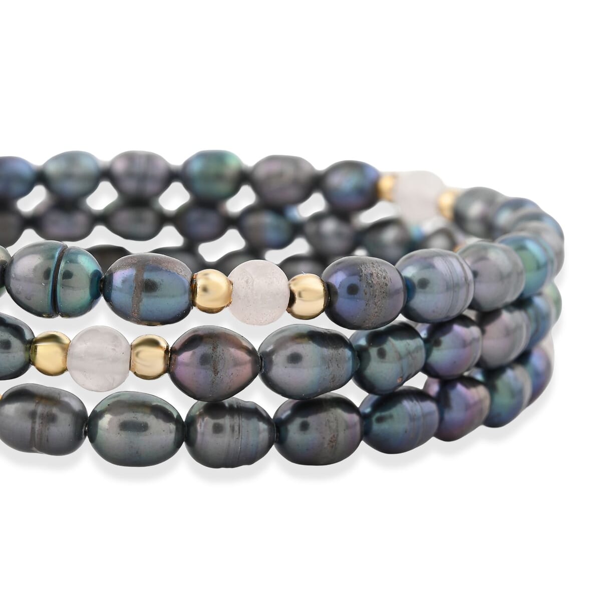 Black Freshwater Pearls with Rose Quartz 7.00 ctw Beads Memory Wire Bracelet (7 In) image number 2