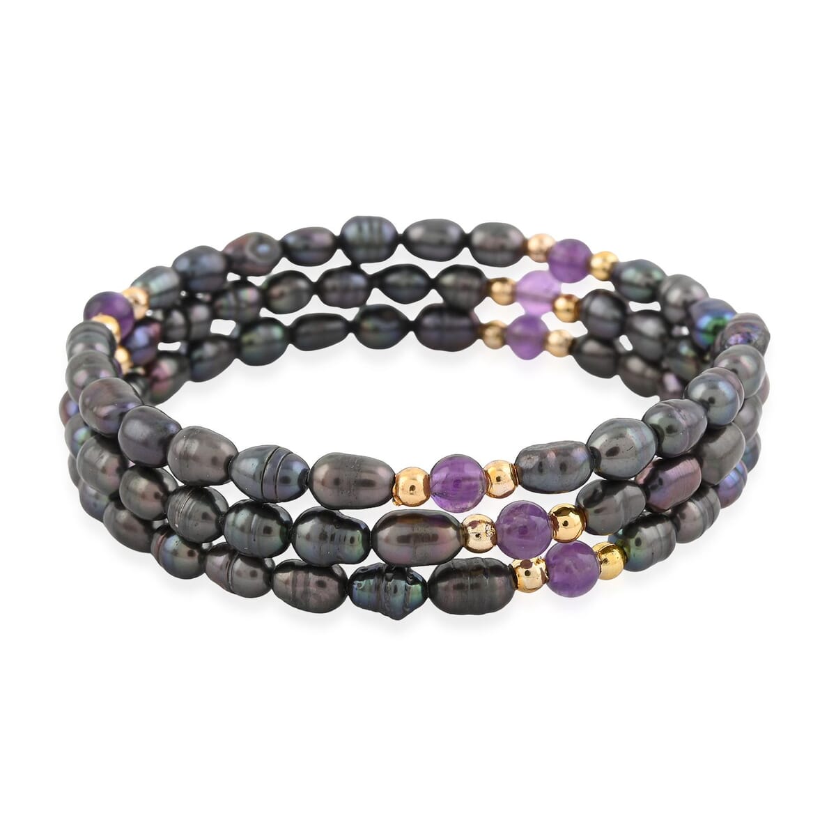 Black Freshwater Pearls with Purple Quartz 7.00 ctw Beads Memory Wire Bracelet (7 In) image number 0