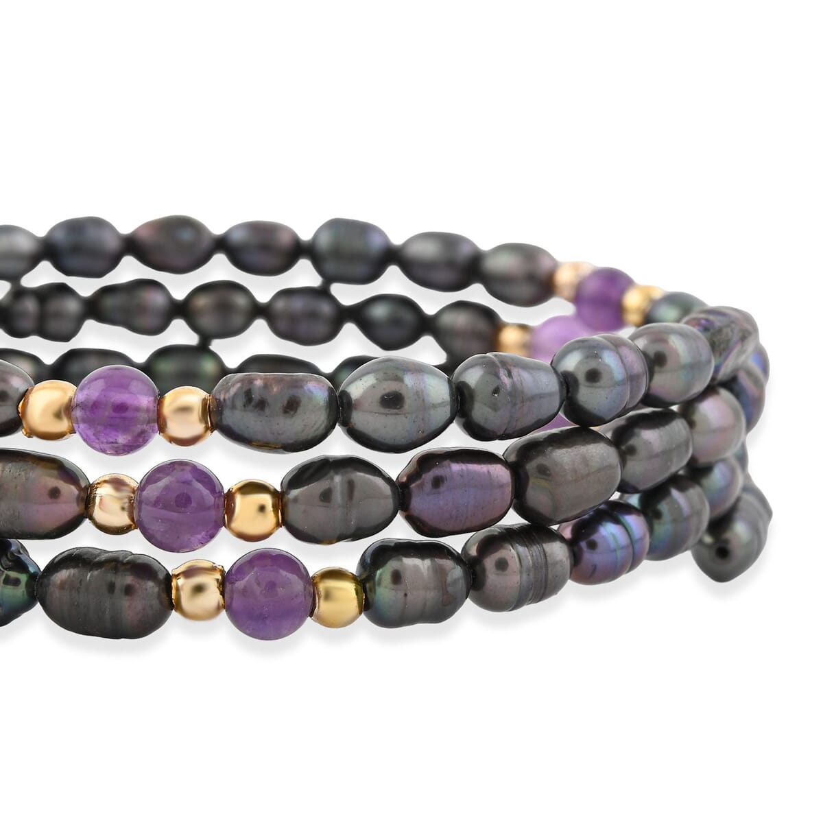 Black Freshwater Pearls with Purple Quartz 7.00 ctw Beads Memory Wire Bracelet (7 In) image number 2