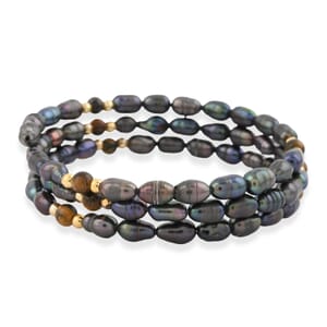 Black Freshwater Pearls with Tiger Eye 7.00 ctw Beads Memory Wire Bracelet (7 In)