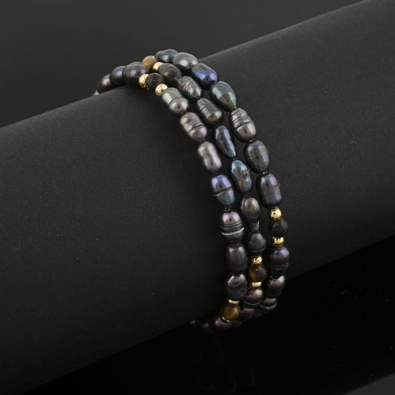 Black Freshwater Pearls with Tiger Eye 7.00 ctw Beads Memory Wire Bracelet (7 In)