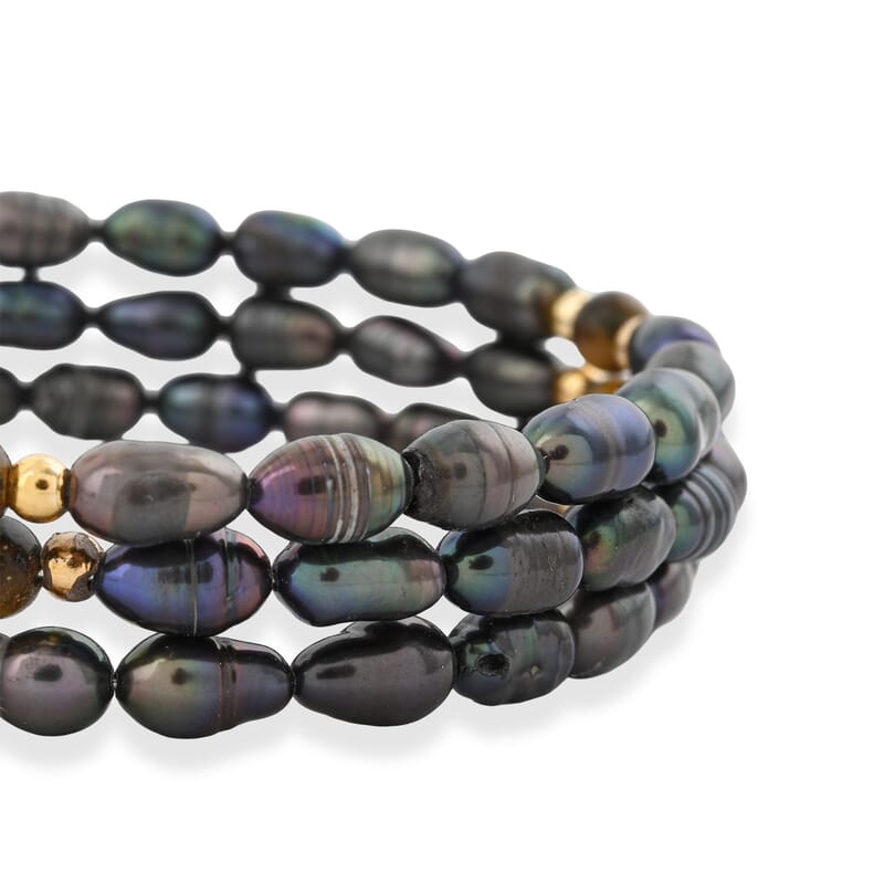 Black Freshwater Pearls with Tiger Eye 7.00 ctw Beads Memory Wire Bracelet (7 In)