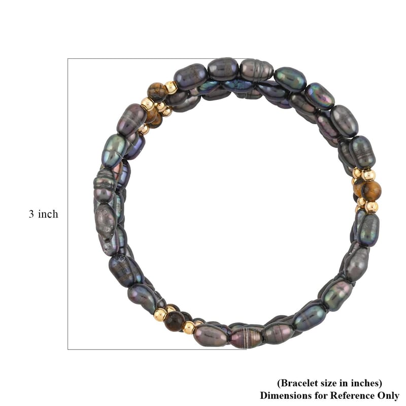 Black Freshwater Pearls with Tiger Eye 7.00 ctw Beads Memory Wire Bracelet (7 In)