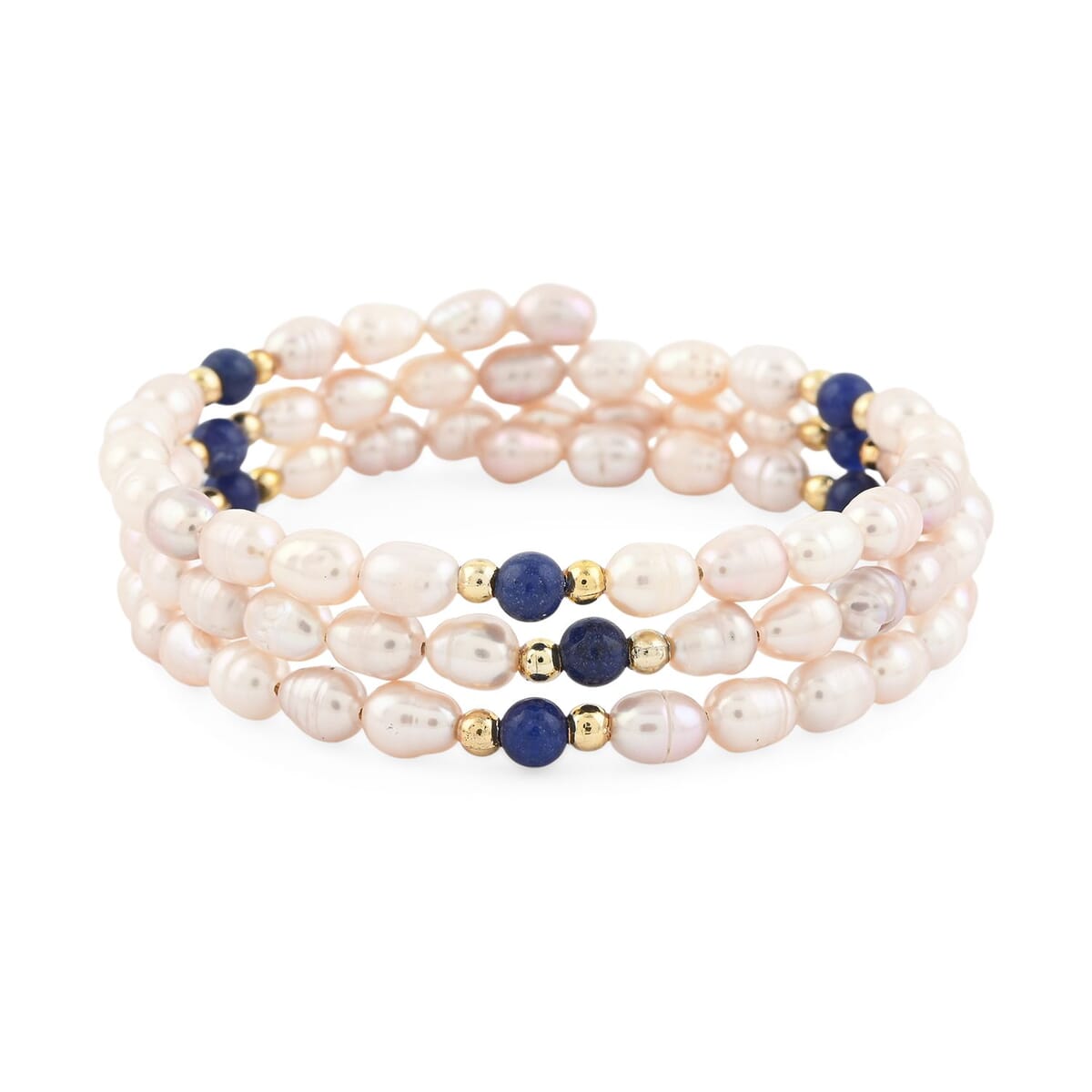 Pink Freshwater Pearls with Lapis Lazuli 7.00 ctw Beads Memory Wire Bracelet in Goldtone (7 In) image number 0