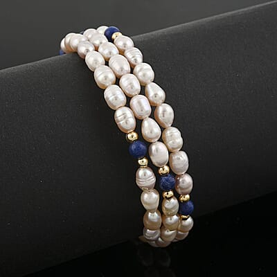 Pink Freshwater Pearls with Lapis Lazuli 7.00 ctw Beads Memory Wire Bracelet in Goldtone (7 In)