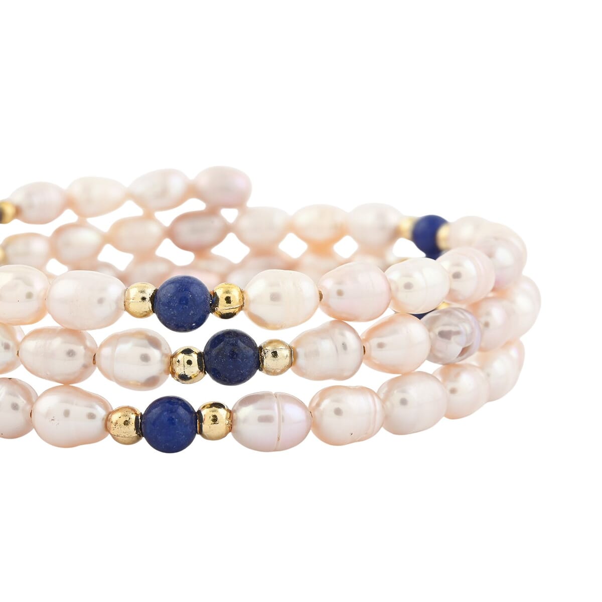 Pink Freshwater Pearls with Lapis Lazuli 7.00 ctw Beads Memory Wire Bracelet in Goldtone (7 In) image number 2