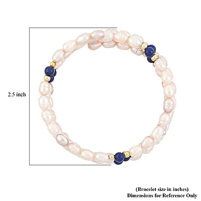 Pink Freshwater Pearls with Lapis Lazuli 7.00 ctw Beads Memory Wire Bracelet in Goldtone (7 In)