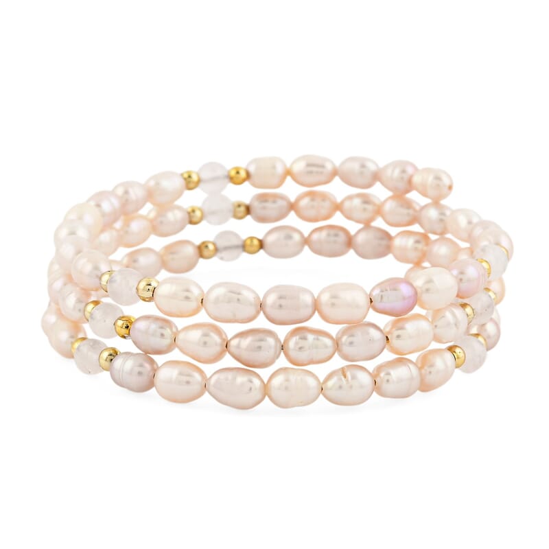 Pink Freshwater Pearls with Rose Quartz 7.00 ctw Beads Memory Wire Bracelet (7 In)