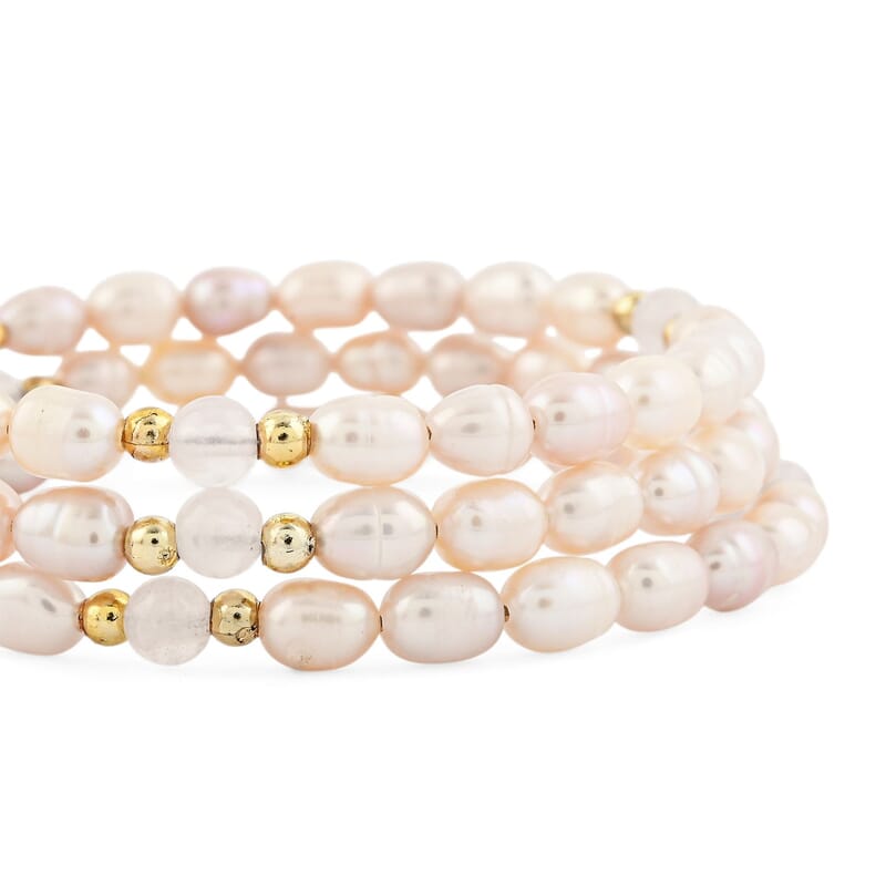Pink Freshwater Pearls with Rose Quartz 7.00 ctw Beads Memory Wire Bracelet (7 In)