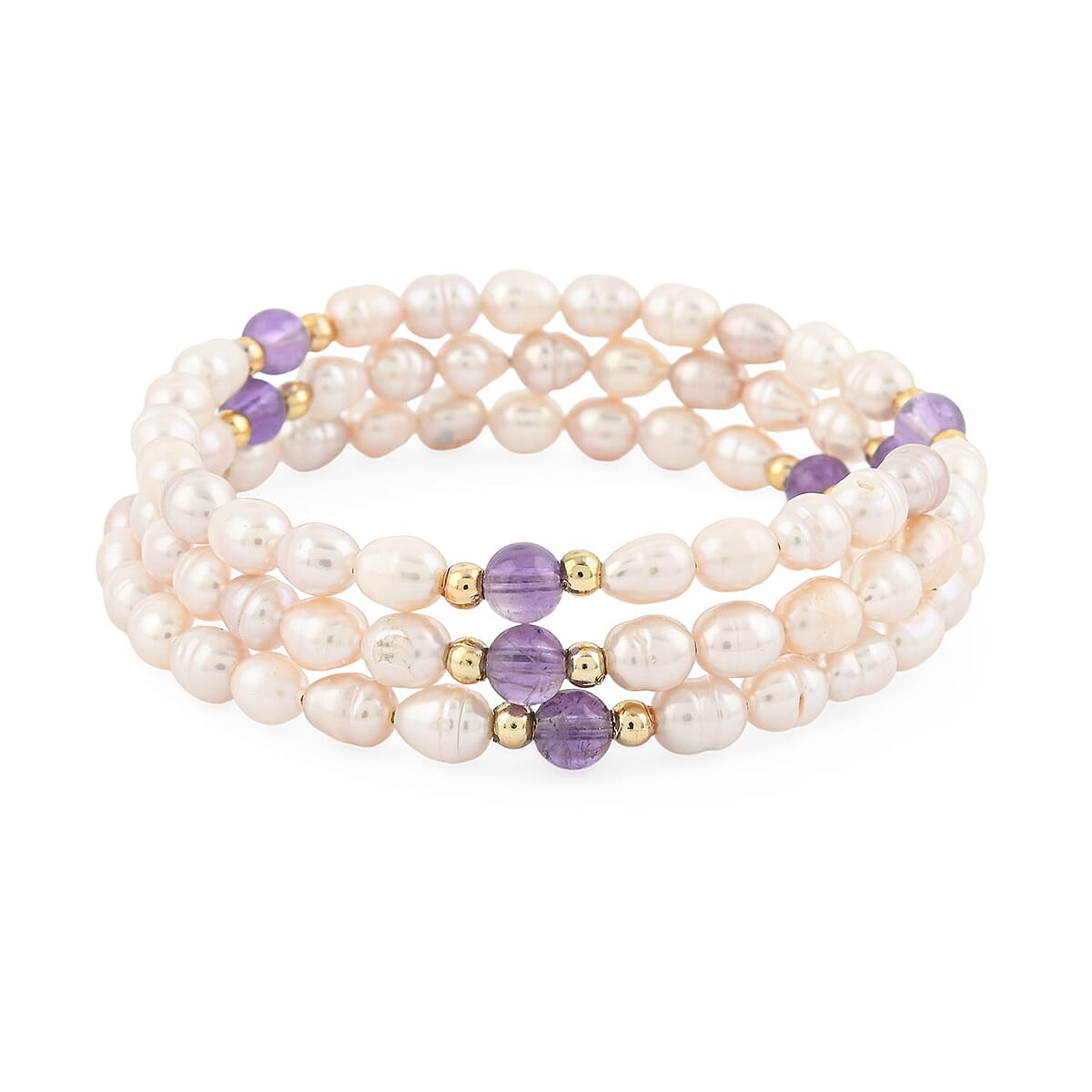 Pink Freshwater Pearl and Purple Quartz 7.00 ctw Memory Wire Bracelet in Silvertone (7.0 In) image number 0