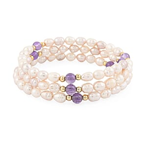 Pink Freshwater Pearl and Purple Quartz 7.00 ctw Memory Wire Bracelet in Silvertone (7.0 In)