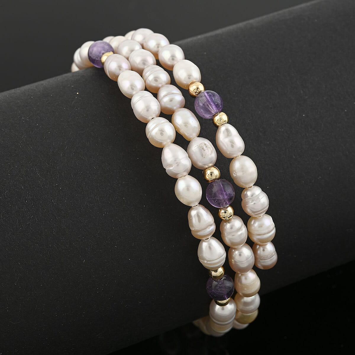 Pink Freshwater Pearl and Purple Quartz 7.00 ctw Memory Wire Bracelet in Silvertone (7.0 In) image number 1