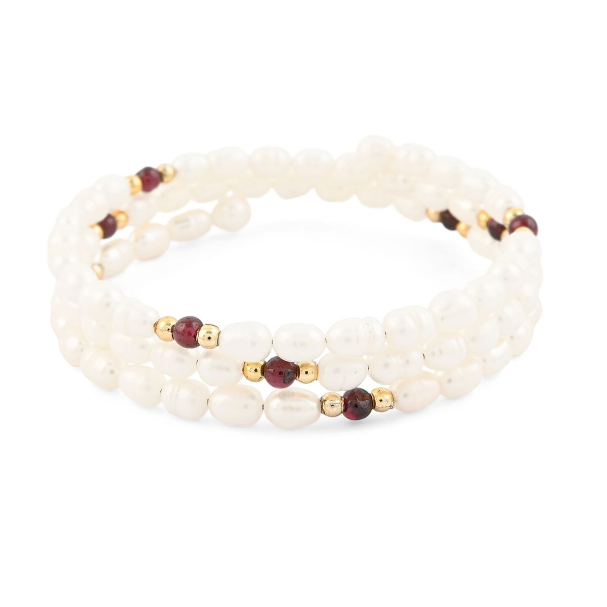 White Freshwater Pearls with Purple Quartz 7.00 ctw Beads Memory Wire Bracelet in Goldtone (7 In) image number 0