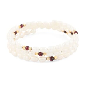 White Freshwater Pearls with Purple Quartz 7.00 ctw Beads Memory Wire Bracelet in Goldtone (7 In)
