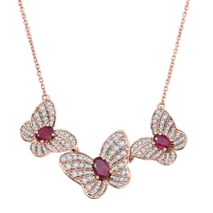 GP Trionfo Collection Premium Niassa Ruby (FF) and White Zircon 5.10 ctw Butterfly Necklace in 18K Vermeil Rose Gold Over Sterling Silver 18 Inches