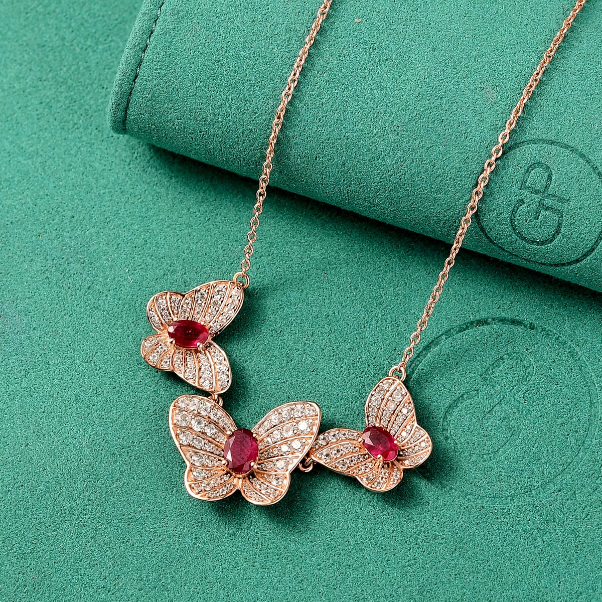 GP Trionfo Collection Premium Niassa Ruby (FF) and White Zircon 5.10 ctw Butterfly Necklace in 18K Vermeil Rose Gold Over Sterling Silver 18 Inches (Del. In 10-12 Days) image number 1