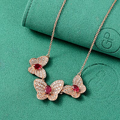 GP Trionfo Collection Premium Niassa Ruby (FF) and White Zircon 5.10 ctw Butterfly Necklace in 18K Vermeil Rose Gold Over Sterling Silver 18 Inches