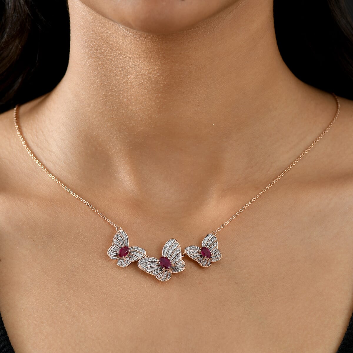 GP Trionfo Collection Premium Niassa Ruby (FF) and White Zircon 5.10 ctw Butterfly Necklace in 18K Vermeil Rose Gold Over Sterling Silver 18 Inches (Del. In 10-12 Days) image number 2
