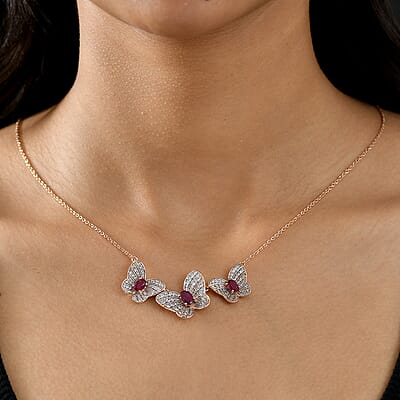 GP Trionfo Collection Premium Niassa Ruby (FF) and White Zircon 5.10 ctw Butterfly Necklace in 18K Vermeil Rose Gold Over Sterling Silver 18 Inches