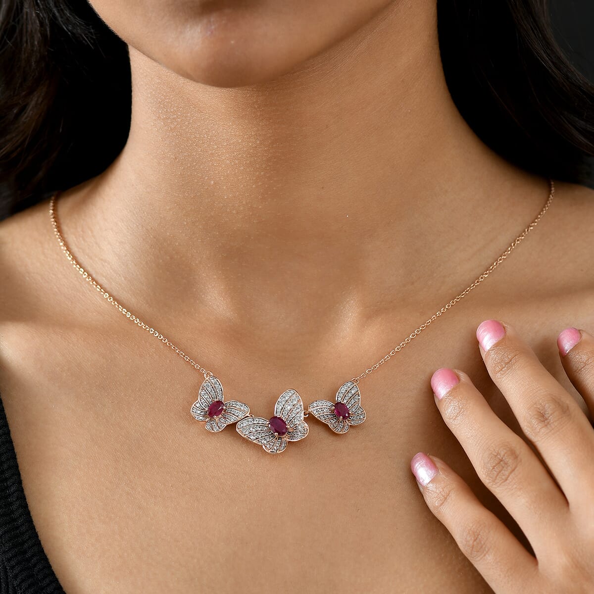 GP Trionfo Collection Premium Niassa Ruby (FF) and White Zircon 5.10 ctw Butterfly Necklace in 18K Vermeil Rose Gold Over Sterling Silver 18 Inches (Del. In 10-12 Days) image number 3