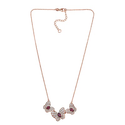 GP Trionfo Collection Premium Niassa Ruby (FF) and White Zircon 5.10 ctw Butterfly Necklace in 18K Vermeil Rose Gold Over Sterling Silver 18 Inches