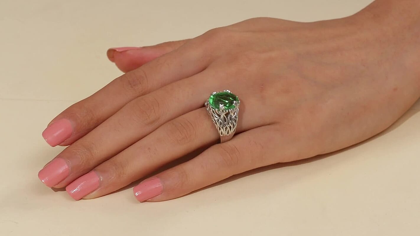 D’Joy Chartreuse Quartz Verdant Vines Ring in Platinum Over Sterling Silver (Size 10.0) 6.20 ctw