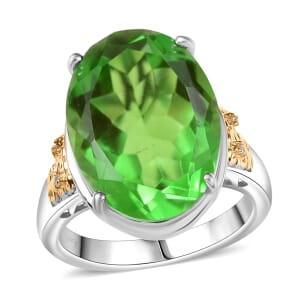 Ever True Chartreuse Quartz (Triplet) 12.75 ctw and White Zircon Floral Ring in 18K YG Plated and Platinum Bond (Size 10.0)