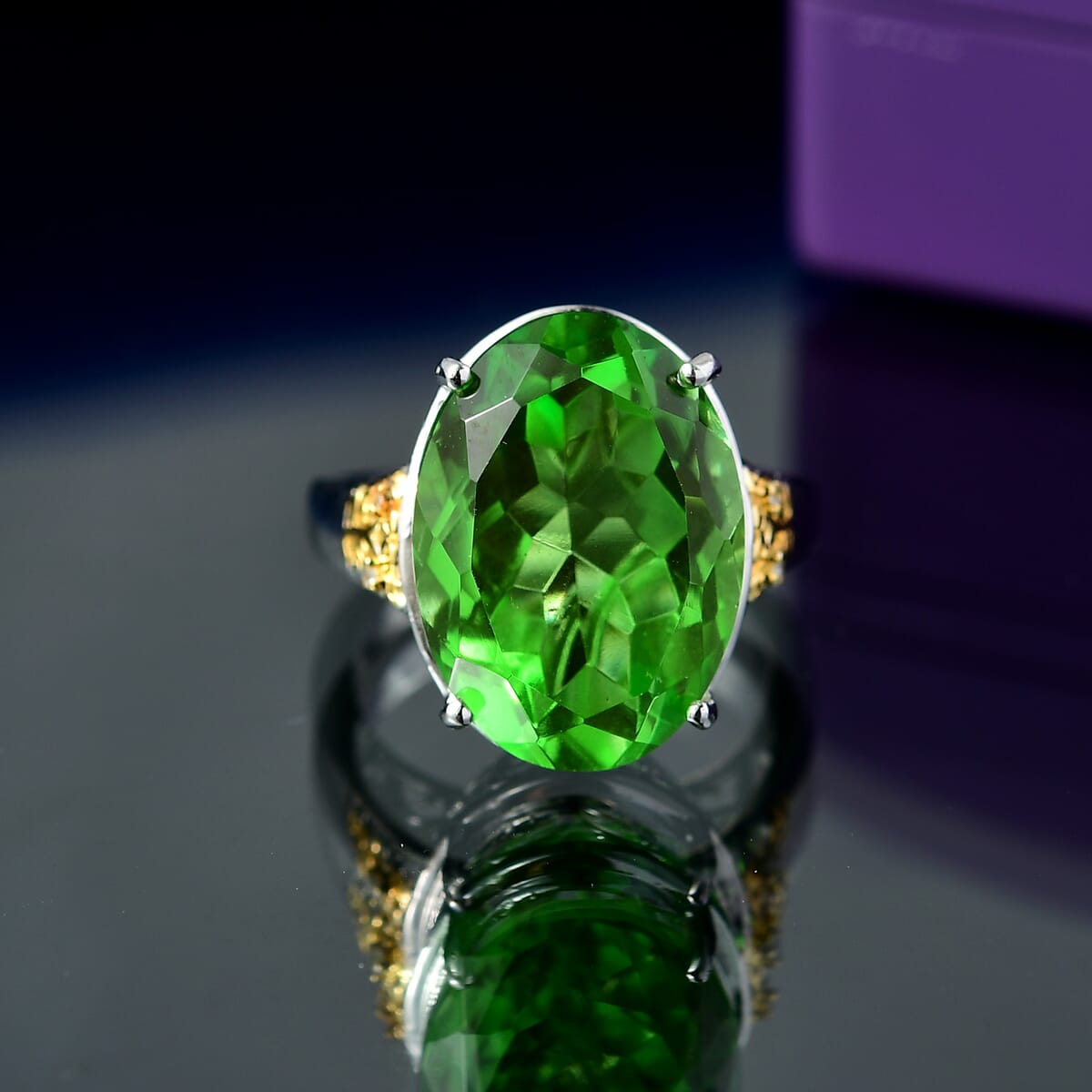 Ever True Chartreuse Quartz (Triplet) 12.75 ctw and White Zircon Floral Ring in 18K YG Plated and Platinum Bond (Size 10.0) image number 1