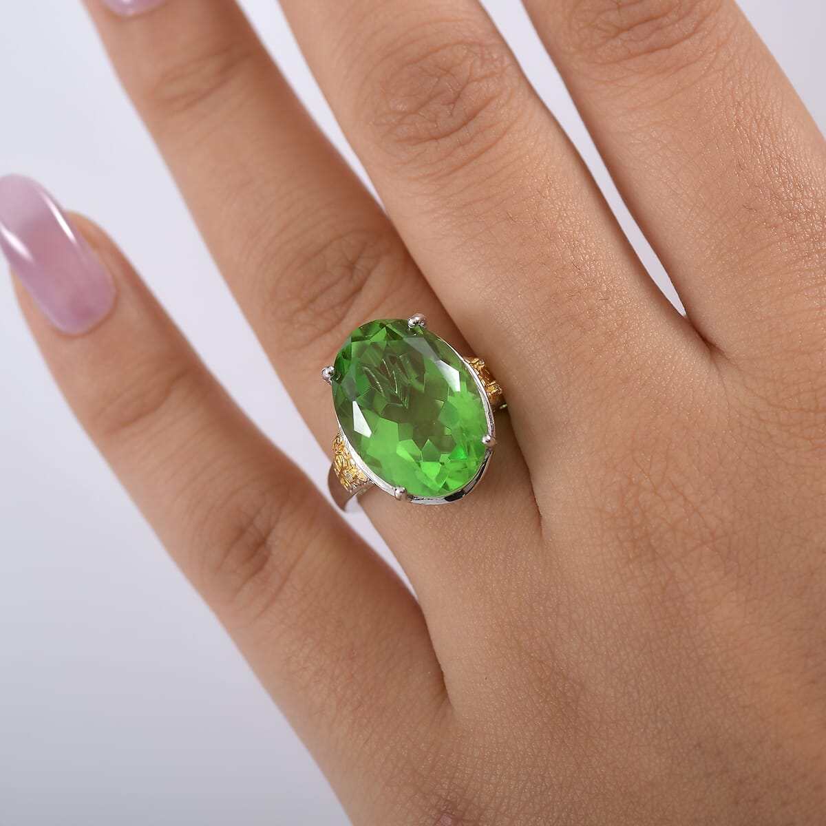 Ever True Chartreuse Quartz (Triplet) 12.75 ctw and White Zircon Floral Ring in 18K YG Plated and Platinum Bond (Size 10.0) image number 2