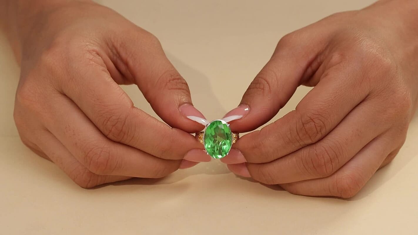 Ever True Chartreuse Quartz (Triplet) 12.75 ctw and White Zircon Floral Ring in 18K YG Plated and Platinum Bond (Size 10.0) (Del. in 10-12 Days)