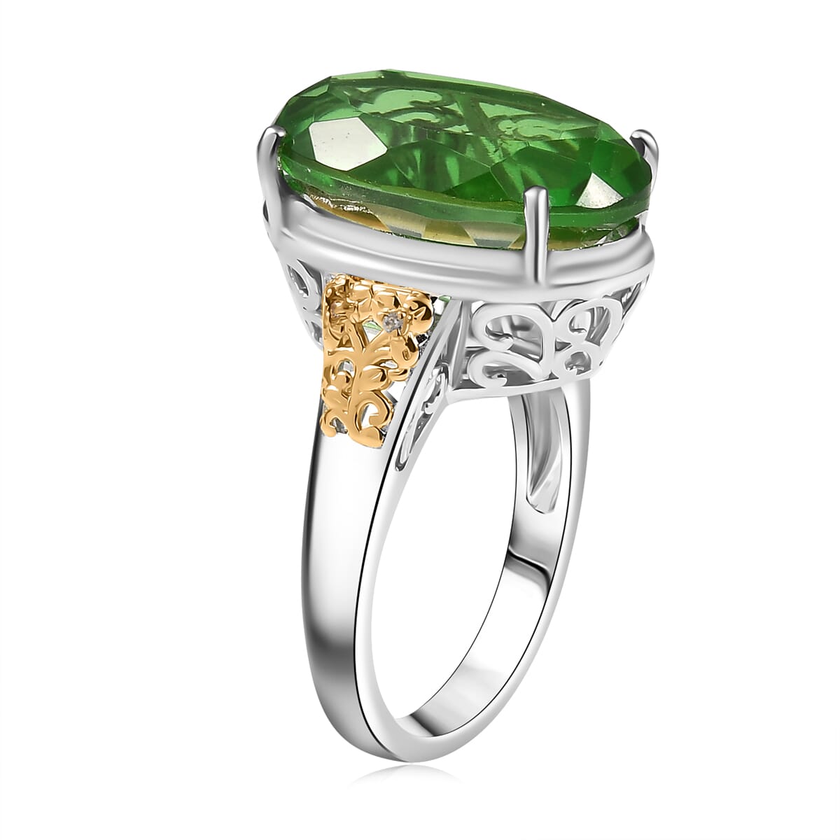 Ever True Chartreuse Quartz (Triplet) 12.75 ctw and White Zircon Floral Ring in 18K YG Plated and Platinum Bond (Size 7.0) image number 3