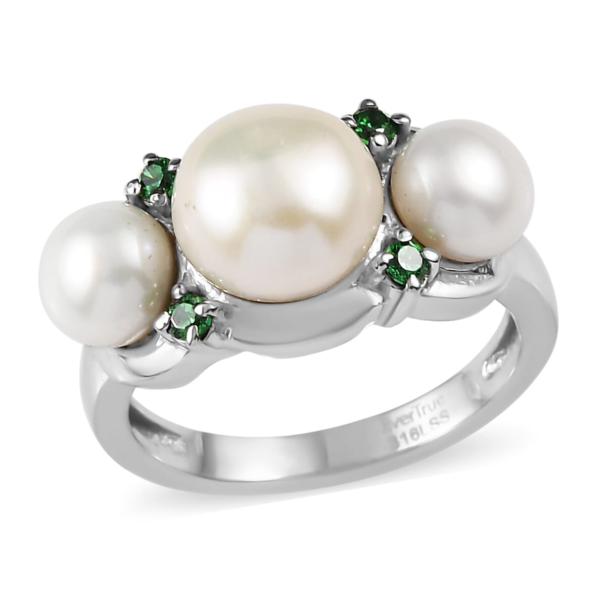 Ever True White Freshwater Pearl, Simulated Green Diamond Garden Trio Ring in Stainless Steel (Size 10.0) (Del. in 8-10 Days) 0.35 ctw image number 0