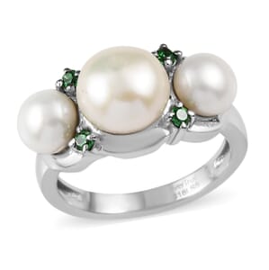 Ever True White Freshwater Pearl and Simulated Green Diamond Garden Trio Ring in Stainless Steel (Size 10.0)