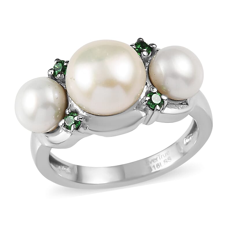 EverTrue White Freshwater Pearl and Simulated Green Diamond Garden Trio Ring in Stainless Steel (Size 10.0)