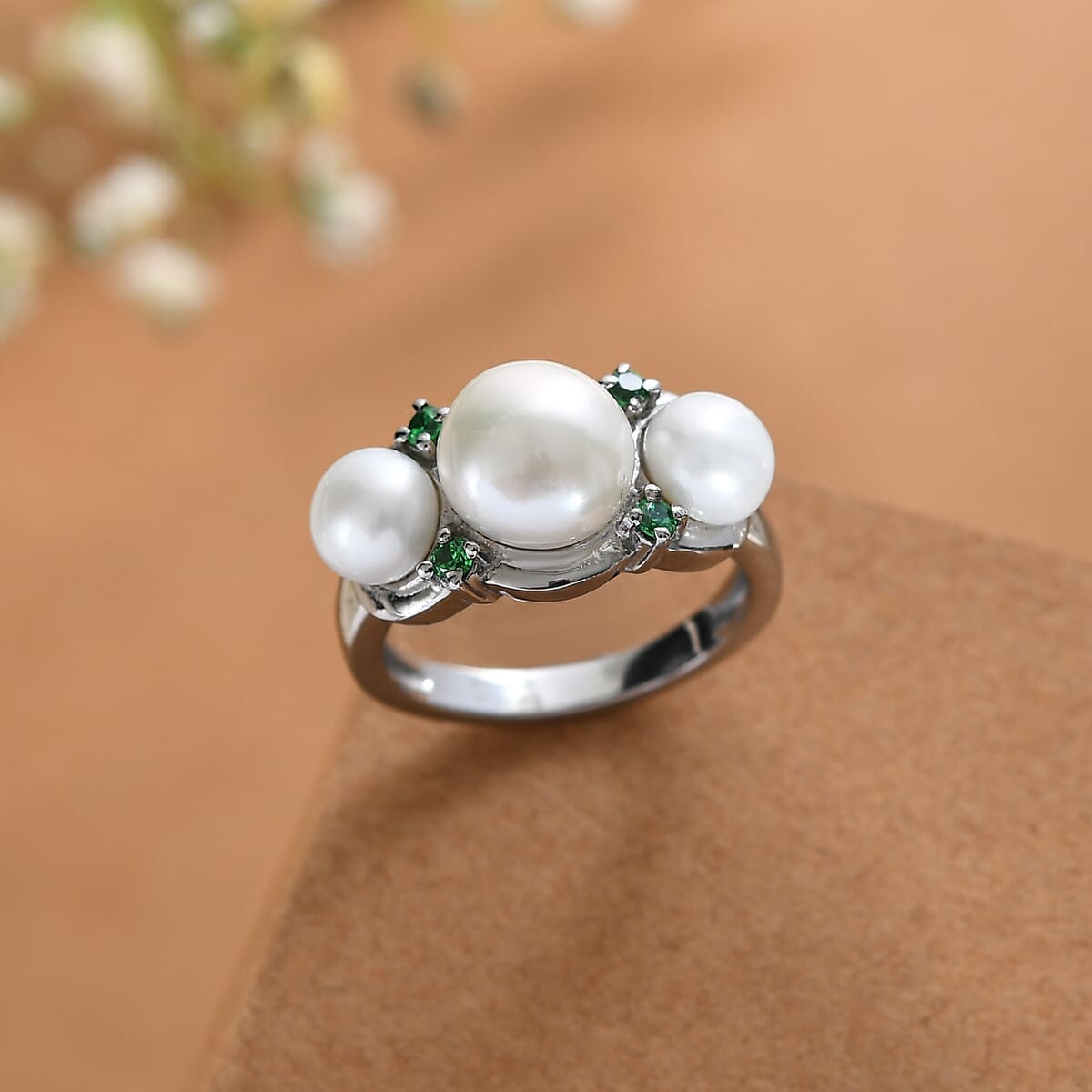 Ever True White Freshwater Pearl, Simulated Green Diamond Garden Trio Ring in Stainless Steel (Size 10.0) (Del. in 8-10 Days) 0.35 ctw image number 1