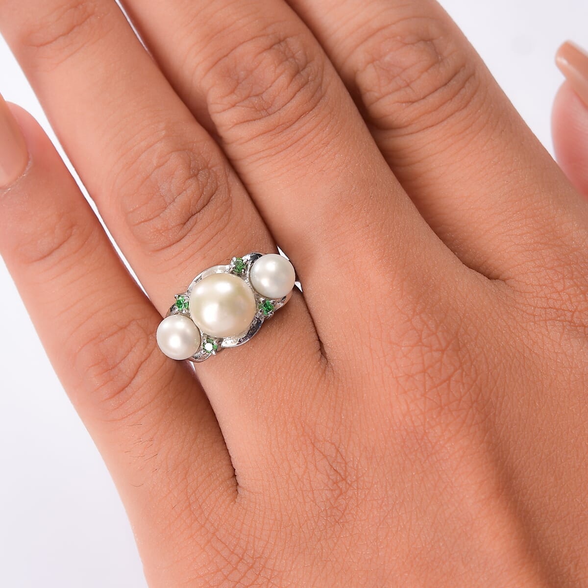 Ever True White Freshwater Pearl, Simulated Green Diamond Garden Trio Ring in Stainless Steel (Size 10.0) (Del. in 8-10 Days) 0.35 ctw image number 2
