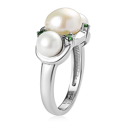 EverTrue White Freshwater Pearl and Simulated Green Diamond Garden Trio Ring in Stainless Steel (Size 10.0)