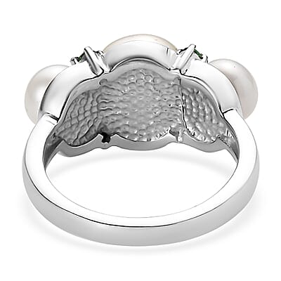 EverTrue White Freshwater Pearl and Simulated Green Diamond Garden Trio Ring in Stainless Steel (Size 10.0)