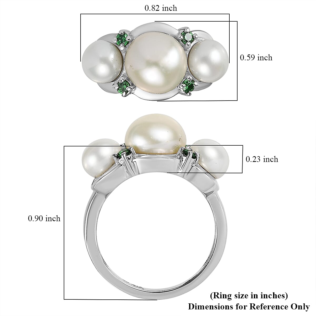 EverTrue White Freshwater Pearl and Simulated Green Diamond Garden Trio Ring in Stainless Steel (Size 10.0)