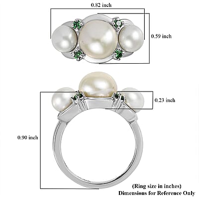 EverTrue White Freshwater Pearl and Simulated Green Diamond Garden Trio Ring in Stainless Steel (Size 10.0)