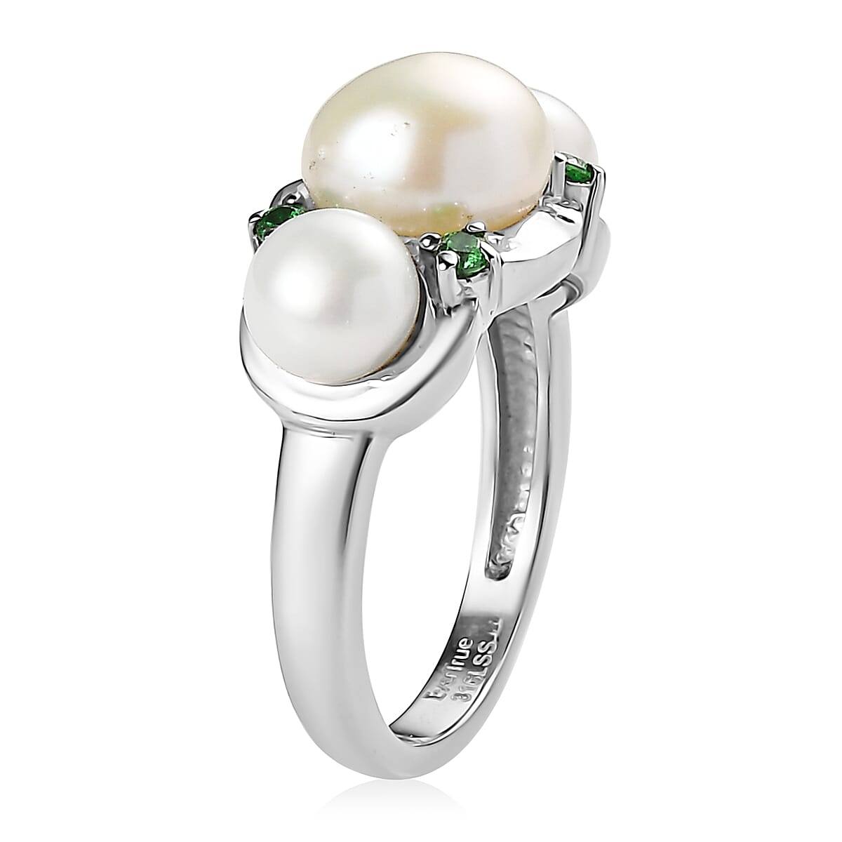 EverTrue White Freshwater Pearl and Simulated Green Diamond Garden Trio Ring in Stainless Steel (Size 7.0) image number 3