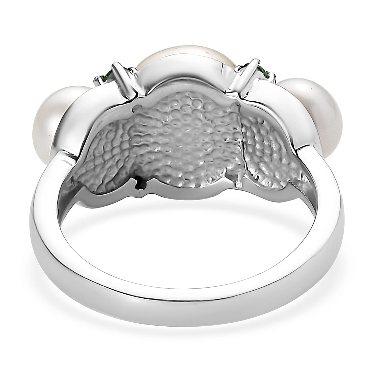 EverTrue White Freshwater Pearl and Simulated Green Diamond Garden Trio Ring in Stainless Steel (Size 7.0) image number 4