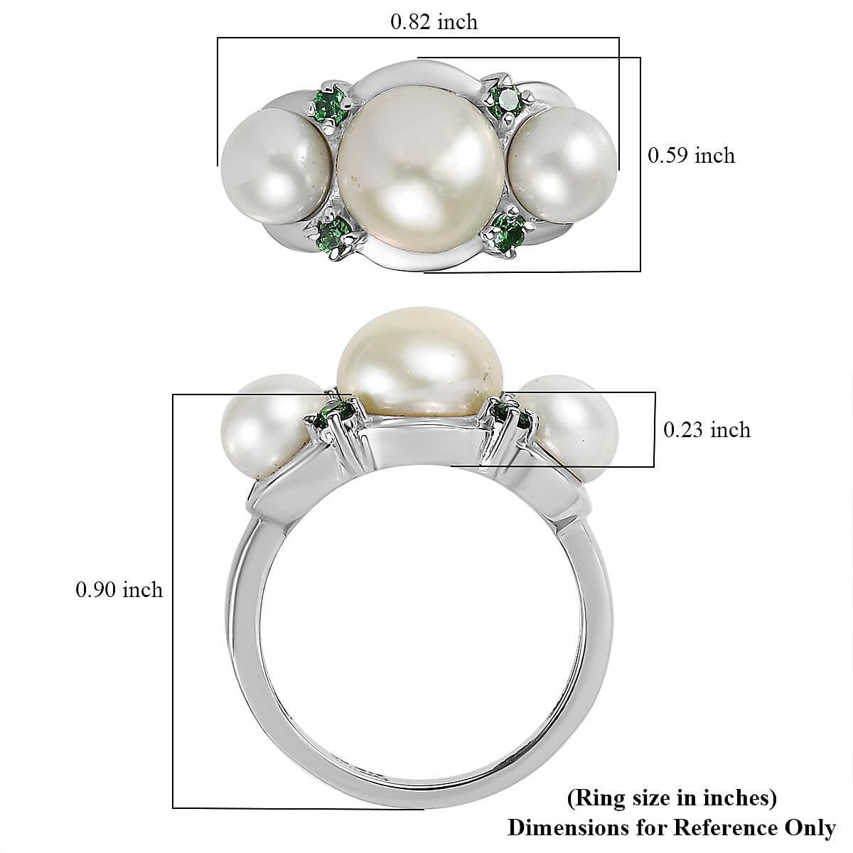 EverTrue White Freshwater Pearl and Simulated Green Diamond Garden Trio Ring in Stainless Steel (Size 9.0) image number 5